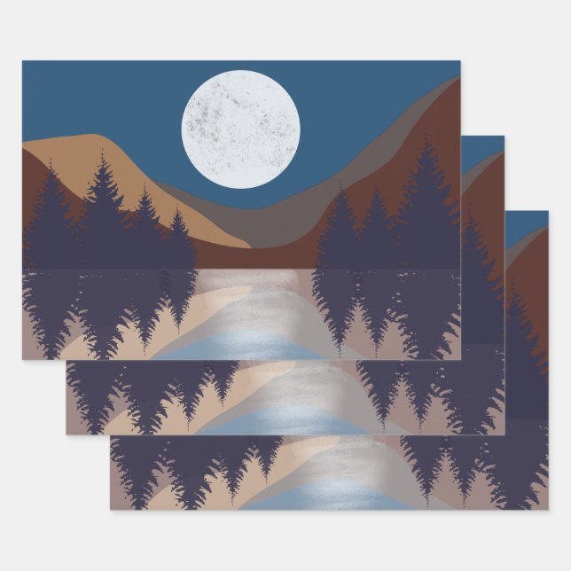 Rustikale Abstrakte Landschaft Forest Moon Reflekt Geschenkpapier Set (Set)