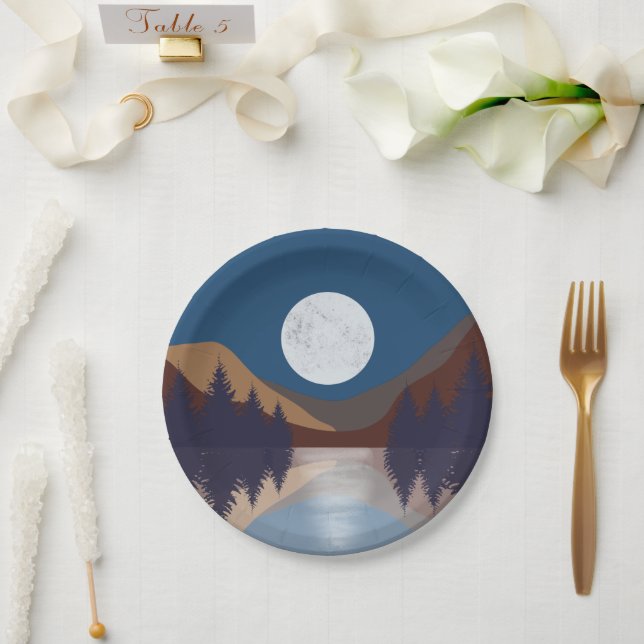 Rustikale Abstrakte Landschaft Forest Moon Reflekt Pappteller (Hochzeit)