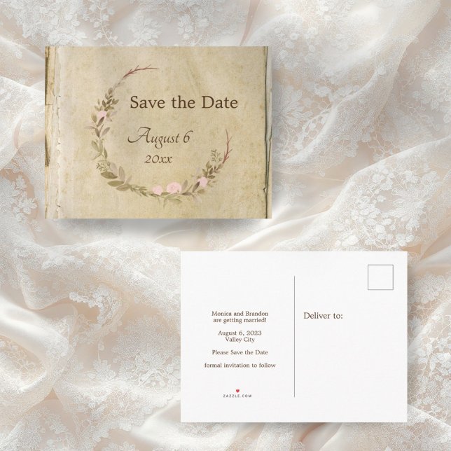 Rustikale Alt-Papier-Hochzeit Save the Date Ankündigungspostkarte (Von Creator hochgeladen)