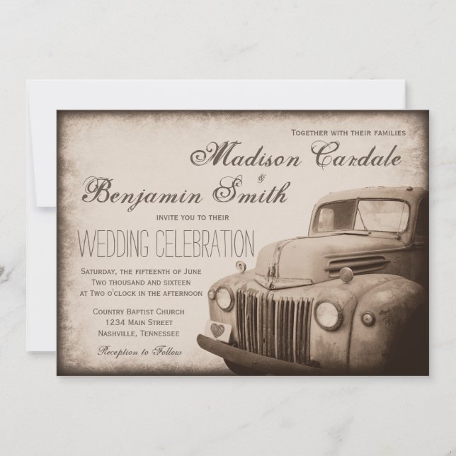 Rustikale Alte LKW Vintage Landhochzeit lädt ein Einladung (Vorderseite)