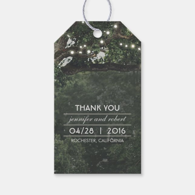 Rustikale, alte Tree String Lights Hochzeit Vielen Geschenkanhänger (Vorderseite)