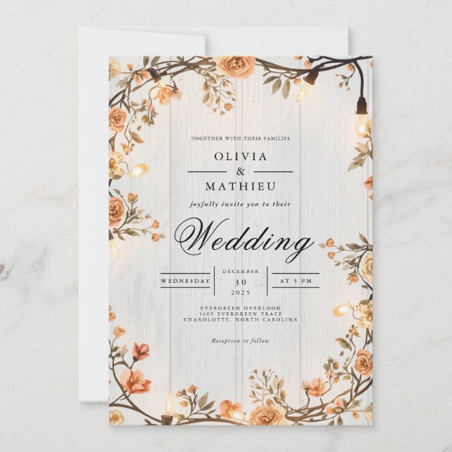 Rustikale Amber Floral String Lights Hochzeit Einladung (Vorderseite)
