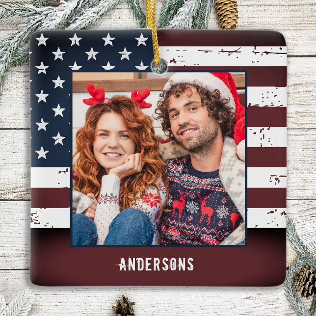 Rustikale amerikanische Flagge Custom 2 Foto Patri Keramikornament (Von Creator hochgeladen)