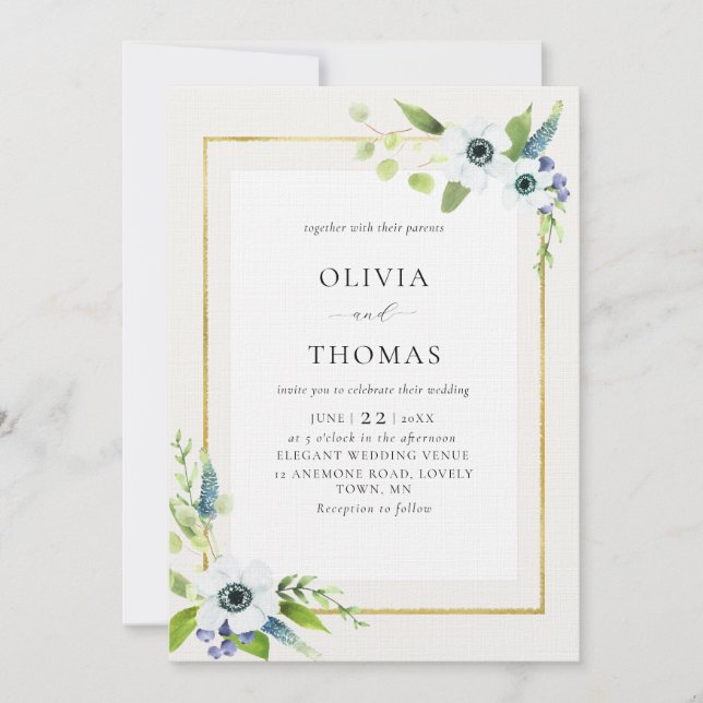 Rustikale Anemone Blue Gold Floral Frame Wedding Einladung (Vorderseite)