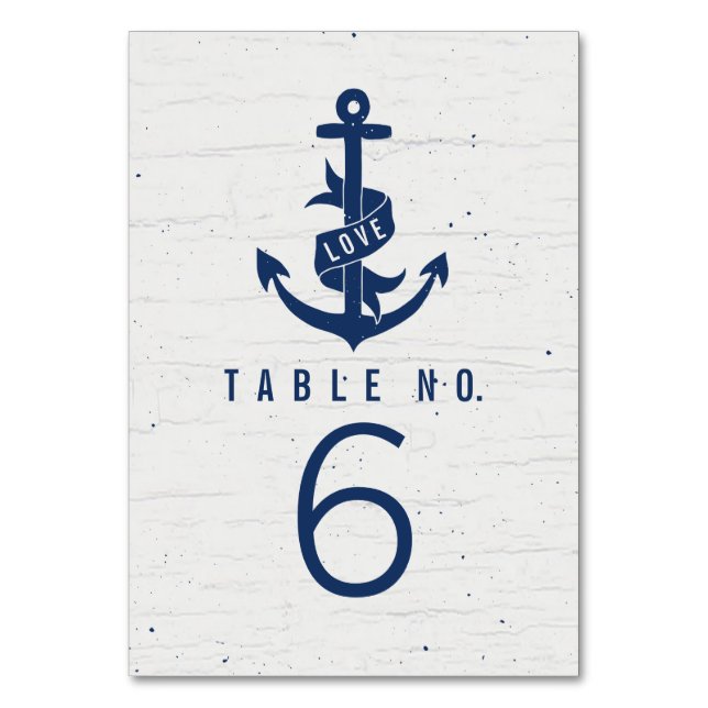 Rustikale Anker-Tischnummernkarten / Navy Tischnummer (Vorderseite)