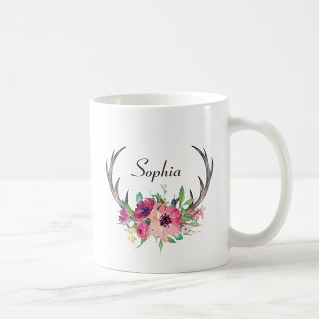 Rustikale Antler Boho Floral mit Monogramm Kaffeetasse (Rechts)