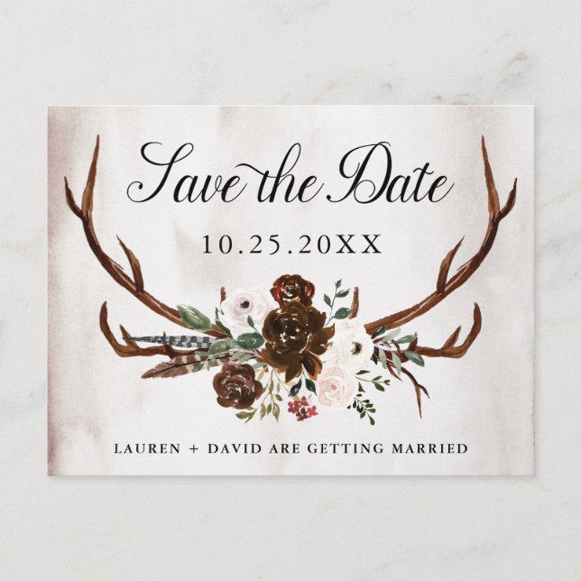 Rustikale Antler Burgund Rose Floral Save the Date Ankündigungspostkarte (Vorderseite)