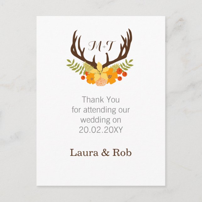Rustikale Antler Deer Floral Woodland Hochzeit Postkarte (Vorderseite)