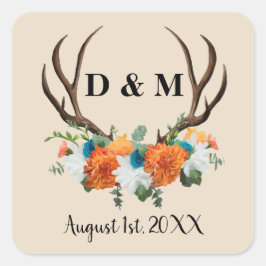 Rustikale Antler Floral Wedding Save the Date Quadratischer Aufkleber