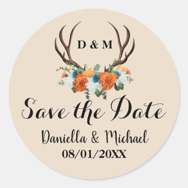 Rustikale Antler Floral Wedding Save the Date Runder Aufkleber (Vorderseite)
