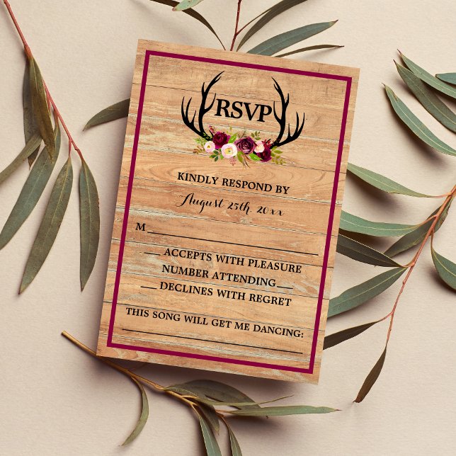 Rustikale Antler florales Burgundy Wood Response/U RSVP Karte (Von Creator hochgeladen)