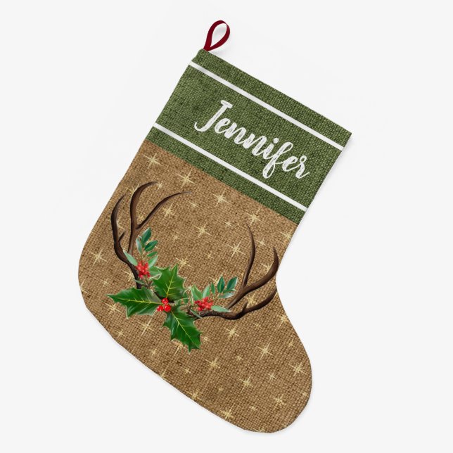 Rustikale Antler Grüne Heilige und Rote Berries Großer Weihnachtsstrumpf (Vorderansicht (hängend))