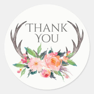 Rustikale Antler mit Pink Bouquet Vielen Dank Runder Aufkleber