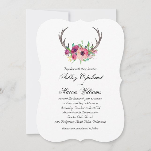 Rustikale Antlers Boho Floral Allure Wedding Einladung (Vorderseite)