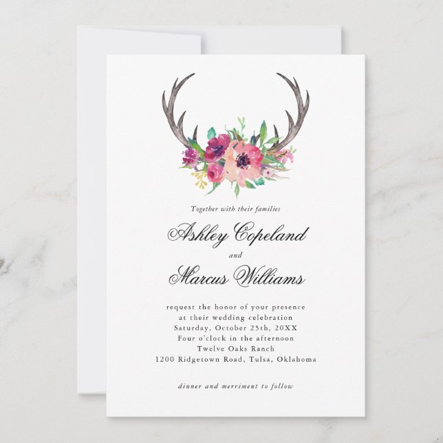 Rustikale Antlers Boho Floral Allure Wedding Einladung (Vorderseite)