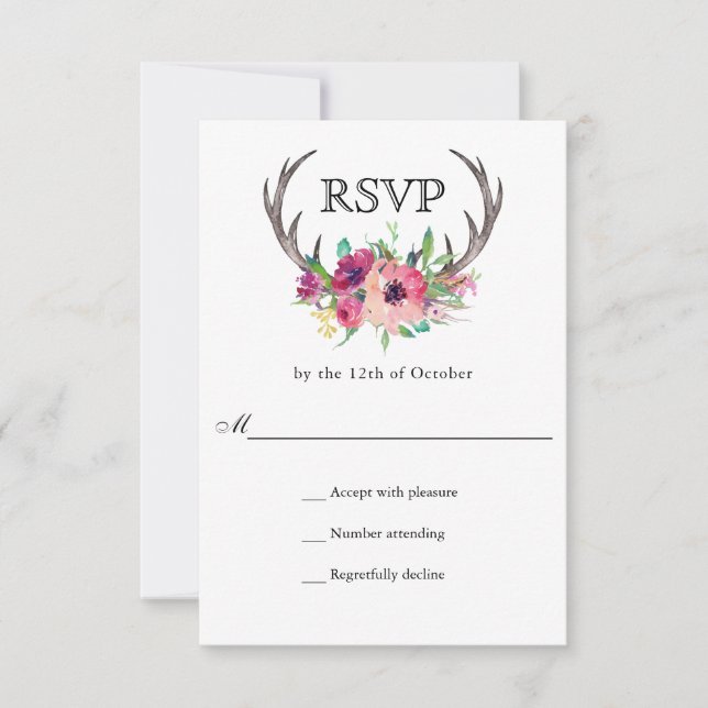 Rustikale Antlers Boho Floral Allure Wedding RSVP Karte (Vorderseite)
