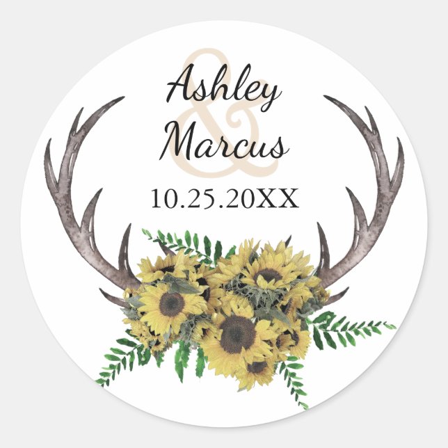 Rustikale Antlers Boho Sonnenblumen Blumenzehen Runder Aufkleber (Vorderseite)
