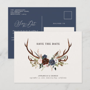 Rustikale Antlers Drehbuch Bordeaux Blumenhochzeit Ankündigungspostkarte