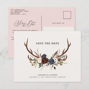 Rustikale Antlers Drehbuch Bordeaux Blumenhochzeit Ankündigungspostkarte