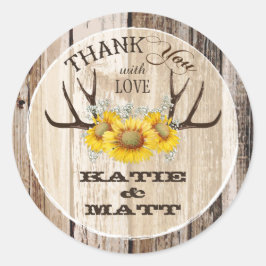 Rustikale Antlers Sonnenblumen Country Wedding Runder Aufkleber