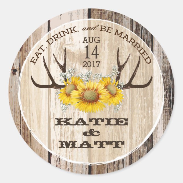 Rustikale Antlers Sonnenblumen Country Wedding Runder Aufkleber (Vorderseite)