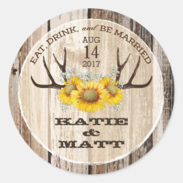 Rustikale Antlers Sonnenblumen Country Wedding Runder Aufkleber