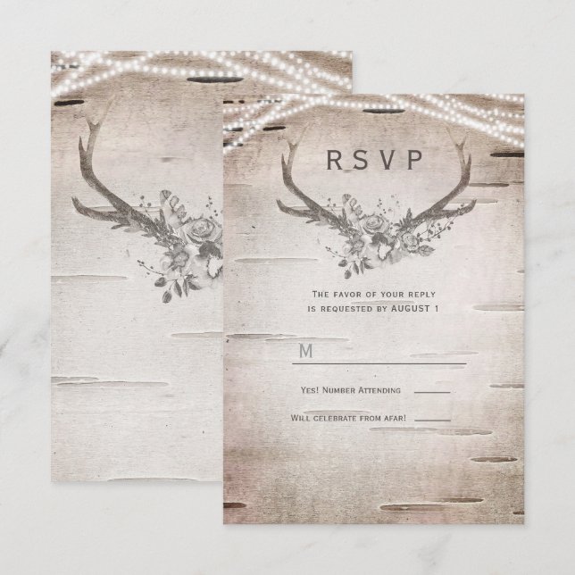 Rustikale Antlers White Birch Vintage Hochzeit UAW Einladung (Vorne/Hinten)