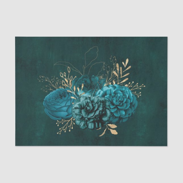 Rustikale Aquamarin-Gold-Grafik, floral Seidenpapier (Vorderseite)