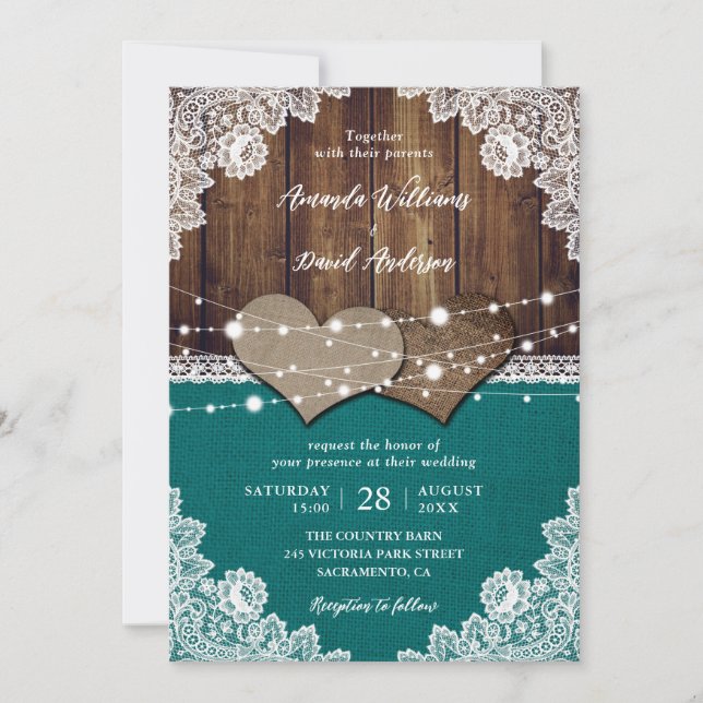 Rustikale Aquamarine Brauerei Burlap Lace Wedding Einladung (Vorderseite)