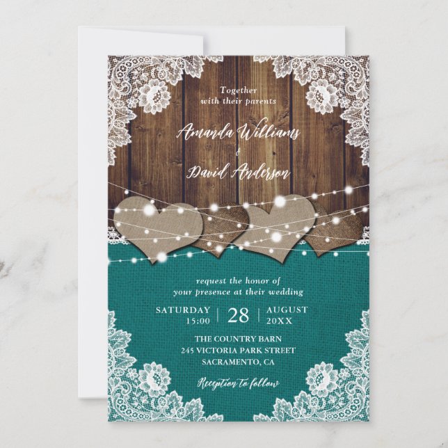Rustikale Aquamarine Brauerei Burlap Lace Wedding Einladung (Vorderseite)