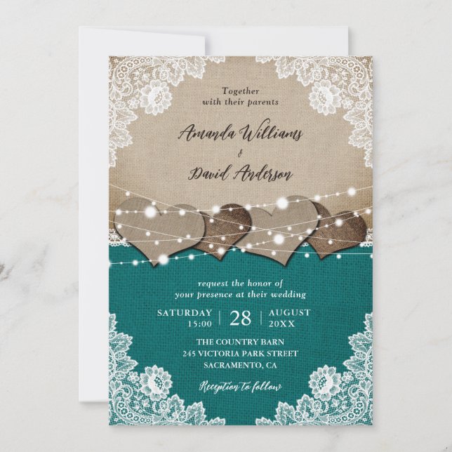 Rustikale Aquamarine Burlap Lace String Lights Hoc Einladung (Vorderseite)