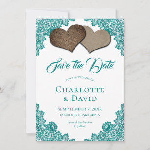 Rustikale Aquamarine Burlap Lace Wedding speichert Save The Date