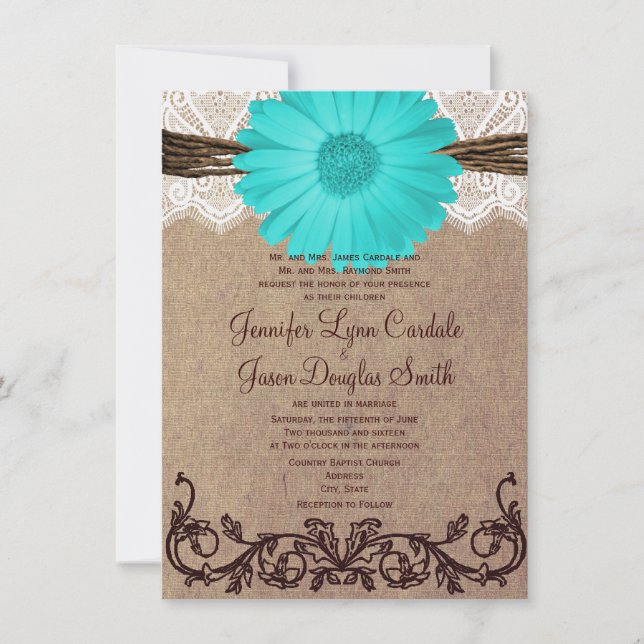 Rustikale Aquamarine Gerber Daisy Lace Hochzeitsei Einladung (Vorderseite)