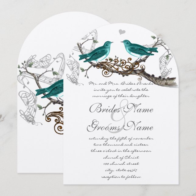 Rustikale Aquamarine Grün Vintage Lovebirds Hochze Einladung (Vorne/Hinten)