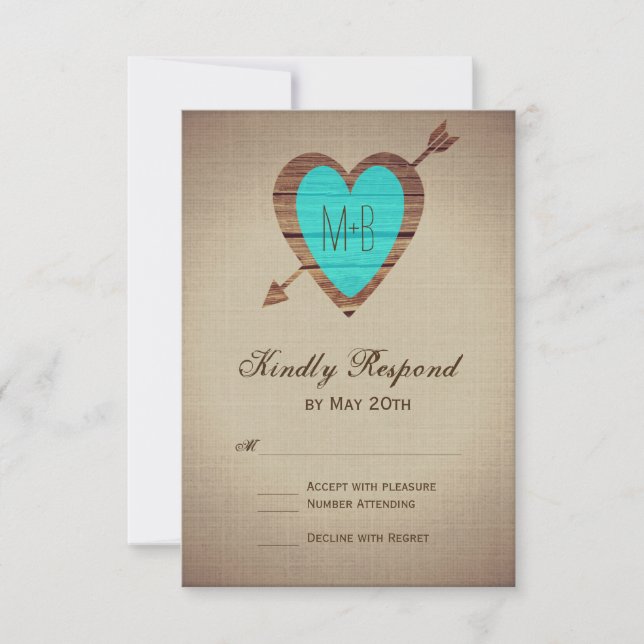 Rustikale Aquamarine Heart Arrow Wedding RSVP Card Karte (Vorderseite)