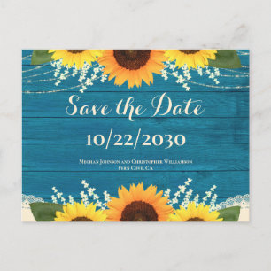 Rustikale Aquamarine Holzblütenhochzeit rettet das Postkarte