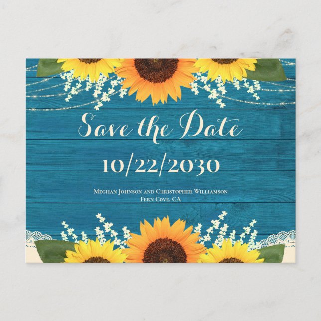 Rustikale Aquamarine Holzblütenhochzeit rettet das Postkarte (Vorderseite)