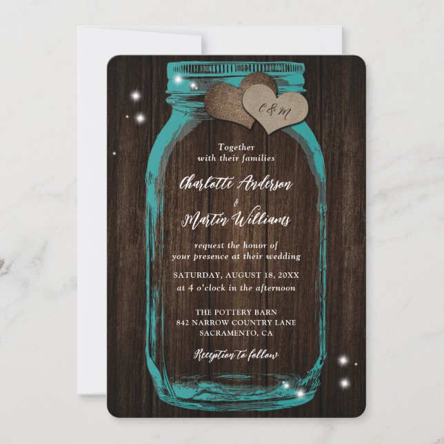 Rustikale Aquamarine Mason Jar Wood Hochzeit Einla Einladung (Vorderseite)