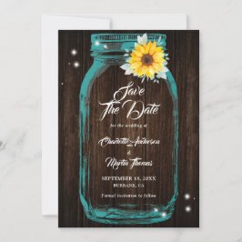 Rustikale Aquamarine Mason Jar Wood Sunflower Wedd Save The Date