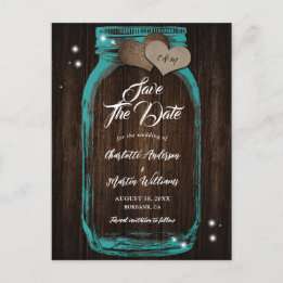 Rustikale Aquamarine Mason Jar Wood Wedding retten Ankündigungspostkarte