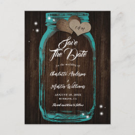 Rustikale Aquamarine Mason Jar Wood Wedding retten Ankündigungspostkarte