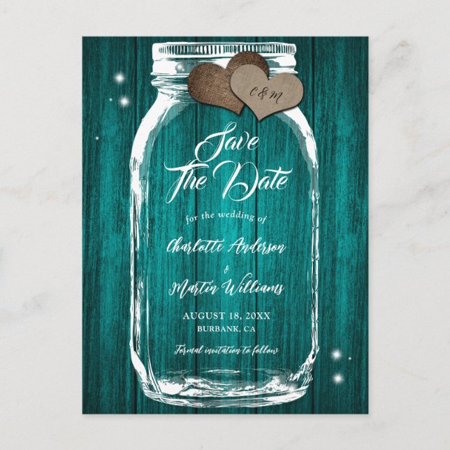 Rustikale Aquamarine Mason Jar Wood Wedding retten Ankündigungspostkarte (Vorderseite)
