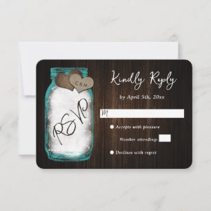 Rustikale Aquamarine Mason Jar Wood Wedding RSVP C Karte
