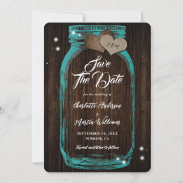 Rustikale Aquamarine Mason Jar Wood Wedding Save The Date