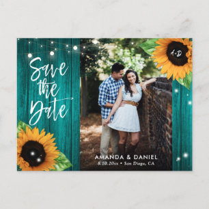 Rustikale Aquamarine Sonnenblume Save the Date Pos Ankündigungspostkarte
