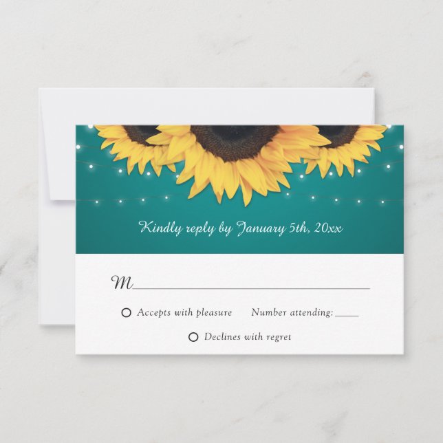 Rustikale Aquamarine Sonnenblumenhochzeit RSVP Karte (Vorderseite)