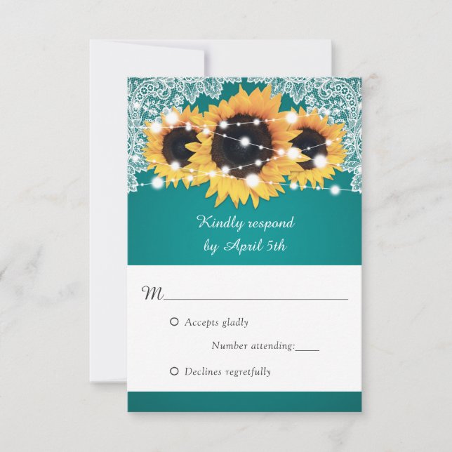 Rustikale Aquamarine Sonnenblumenhochzeit RSVP Karte (Vorderseite)