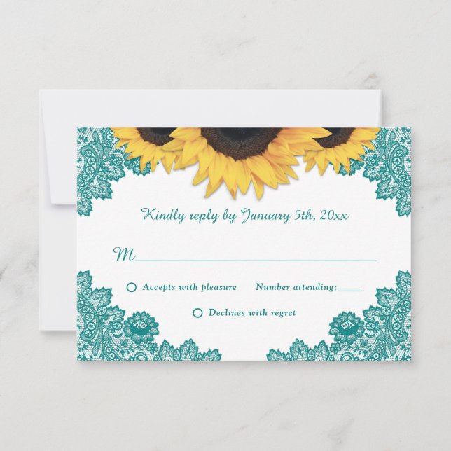 Rustikale Aquamarine Spitzen-Sonnenblumen-Hochzeit RSVP Karte (Vorderseite)