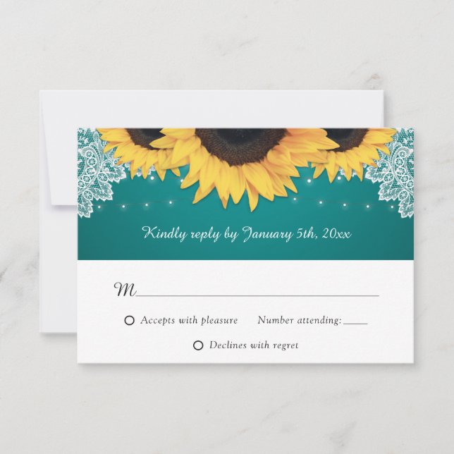 Rustikale Aquamarine Spitzen-Sonnenblumen-Hochzeit RSVP Karte (Vorderseite)
