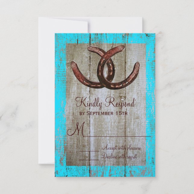 Rustikale Aquamarine Stallholz-Horseshoe-Hochzeits RSVP Karte (Vorderseite)